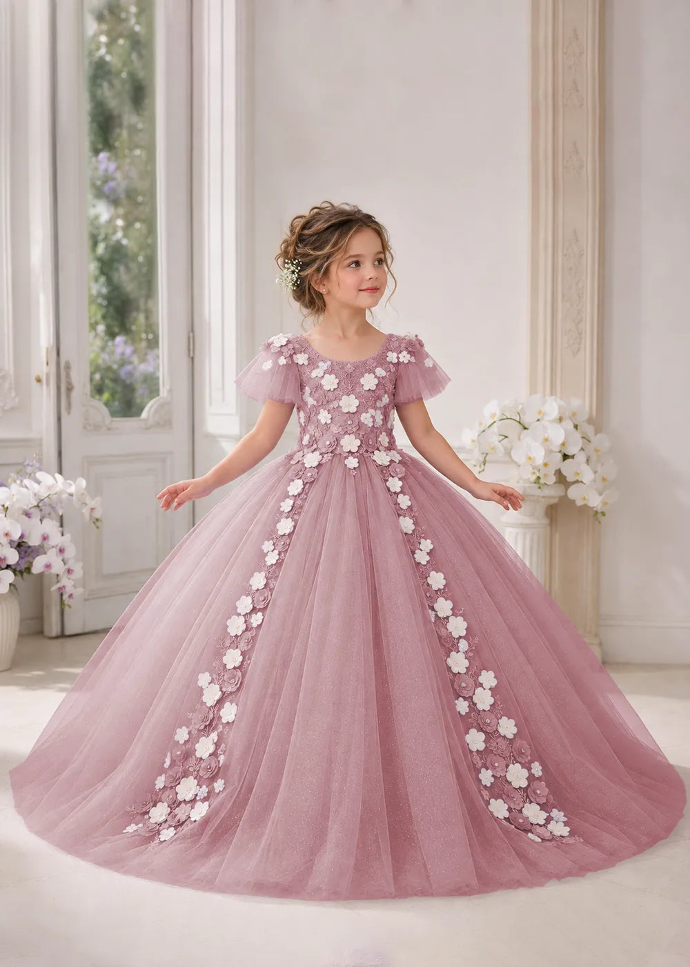 Front view of a child wearing a dusty rose flower girl dress with a round neckline, sheer flutter cap sleeves and a floral vine cascading down both sides of a full tulle skirt.