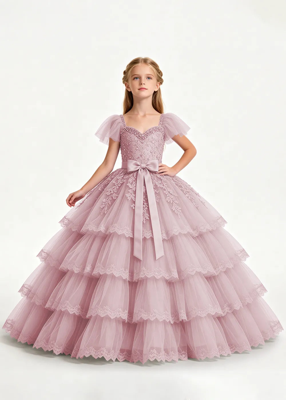 Pale Lavender Four-Tier Flower Girl Gown with Front Bow