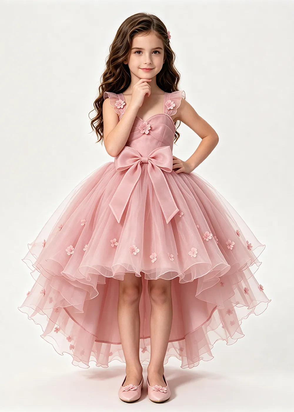 Dusty Rose High-Low Flower Girl Dress with Large Front Bow