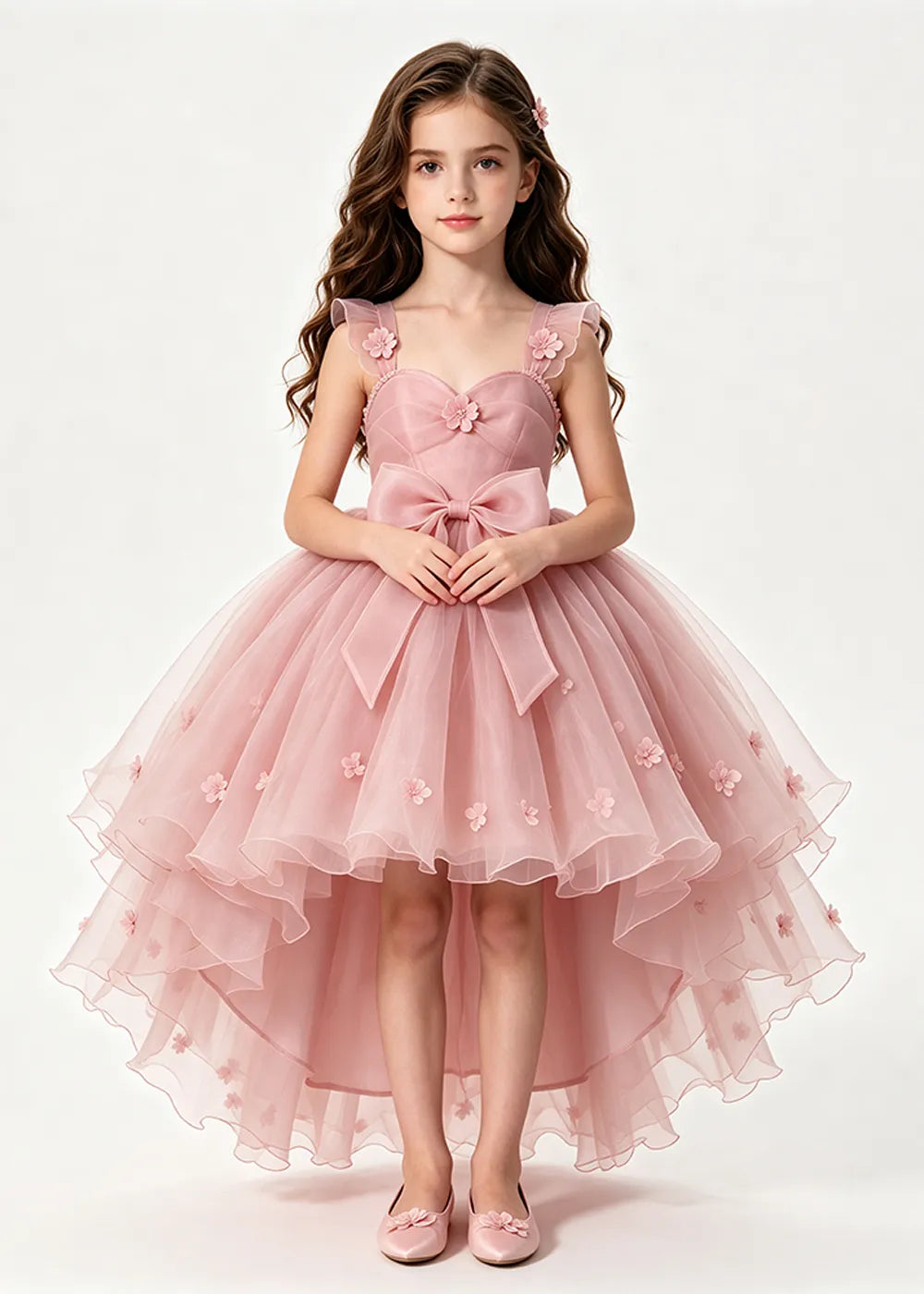 Dusty Rose High-Low Flower Girl Dress with Large Front Bow