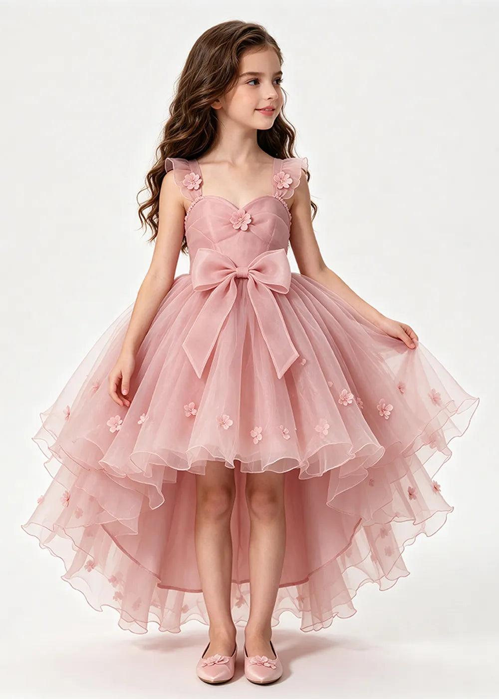 Dusty Rose High-Low Flower Girl Dress with Large Front Bow