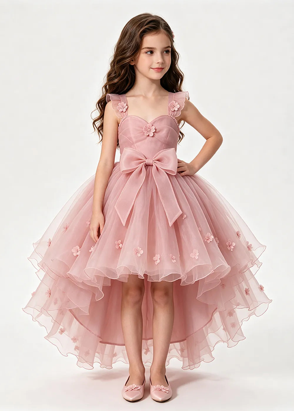 Dusty Rose High-Low Flower Girl Dress with Large Front Bow
