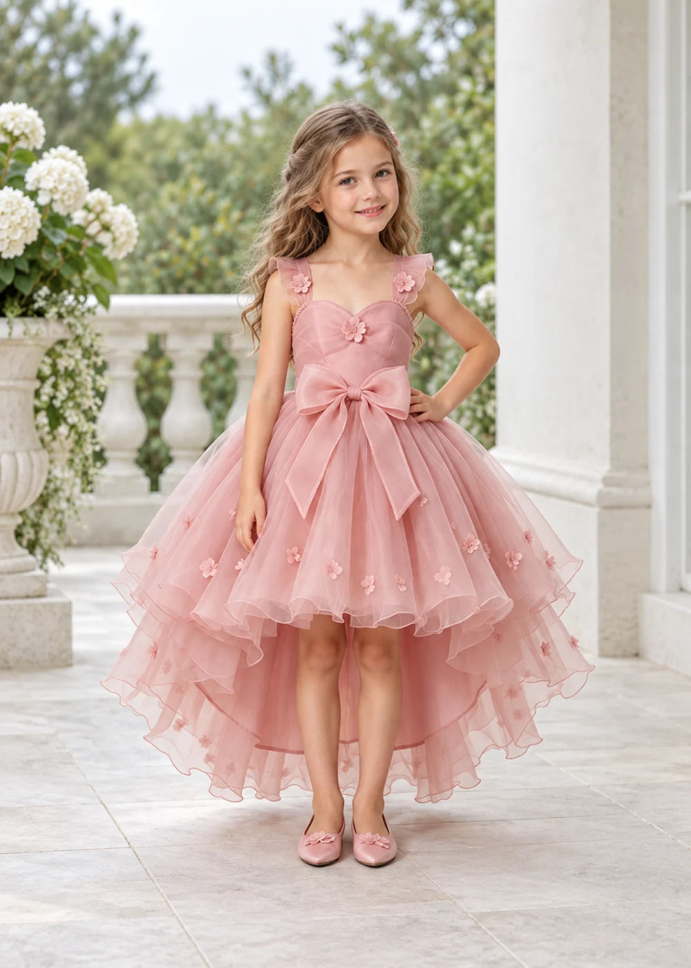 Dusty Rose High-Low Flower Girl Dress with Large Front Bow