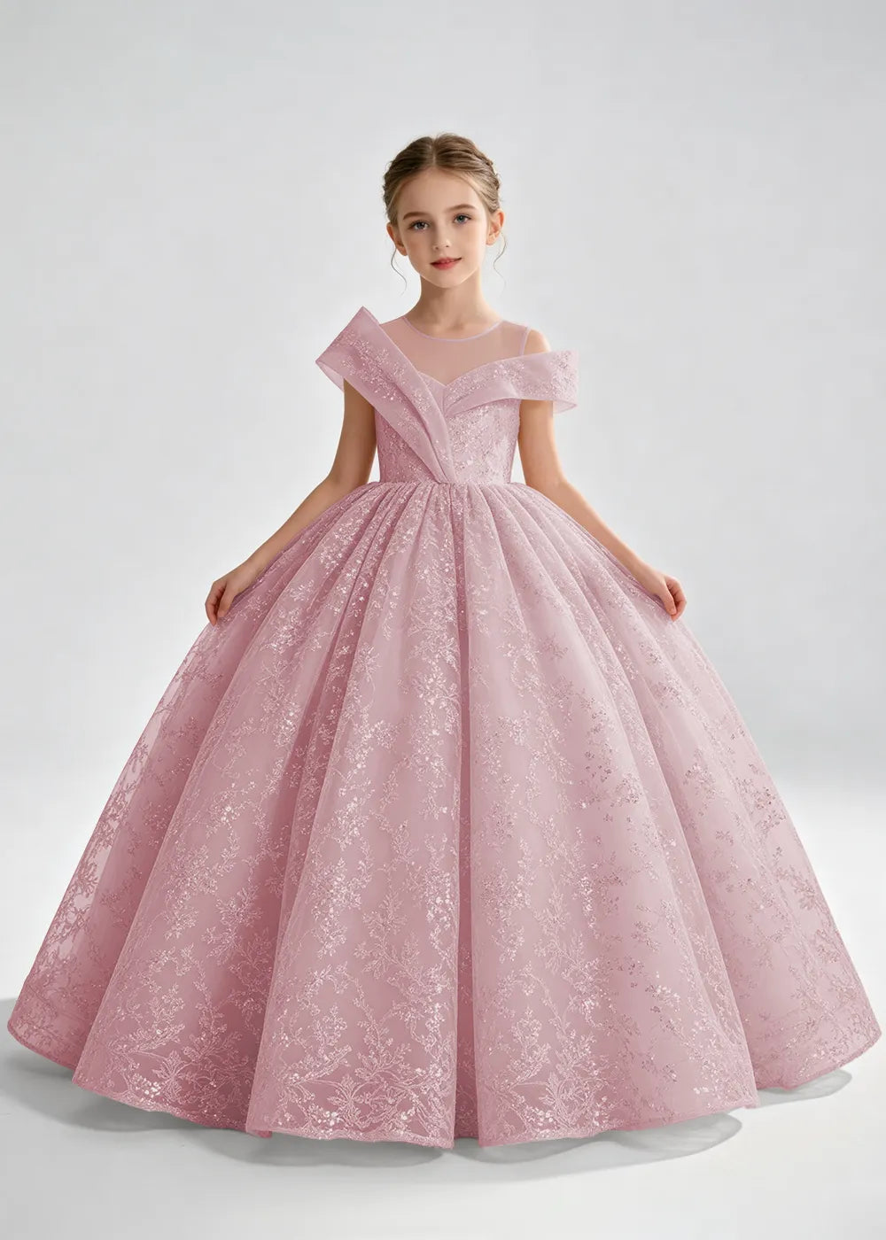 Champagne Illusion-Band Floral Flower Girl Dress