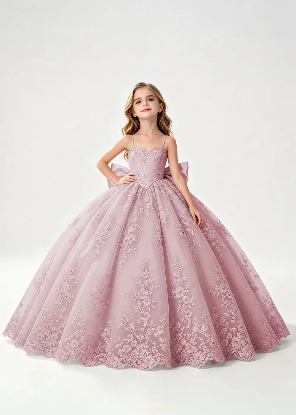 Flower girl dress in Dusty Rose, front view.