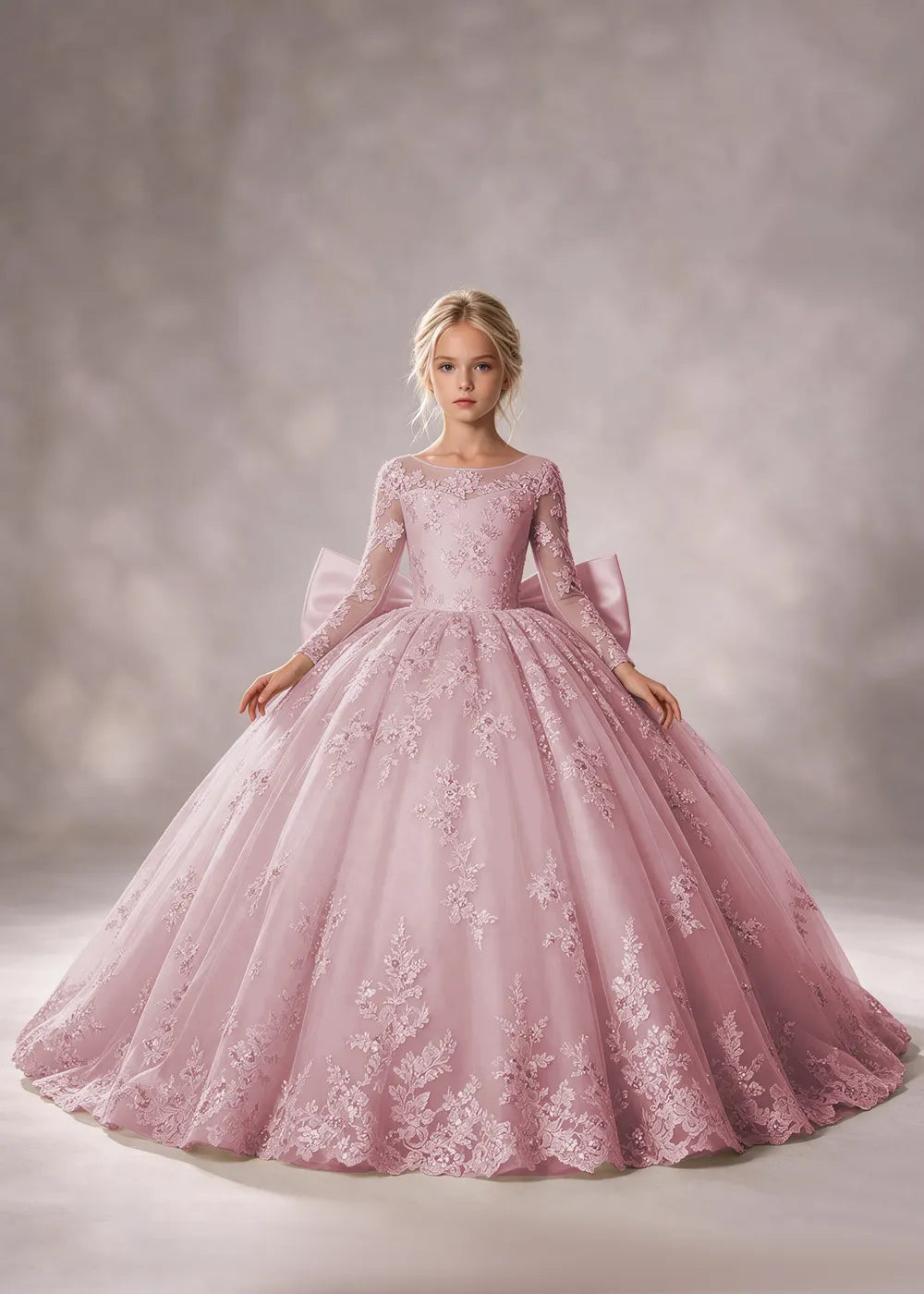 Flower girl dress in Dusty Rose, front view.