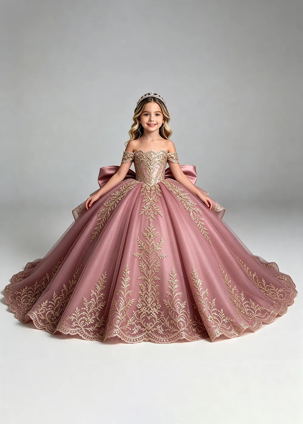 Off-Shoulder Lace Flower Girl Dress with Bow and Scalloped Hem