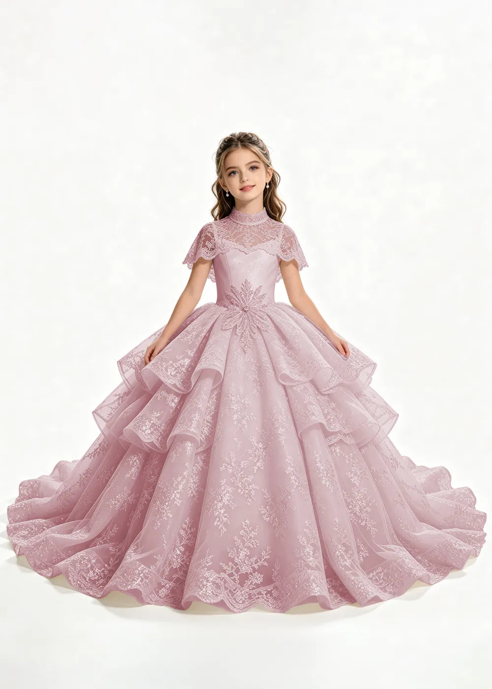 Flower girl dress in Dusty Rose, front view.