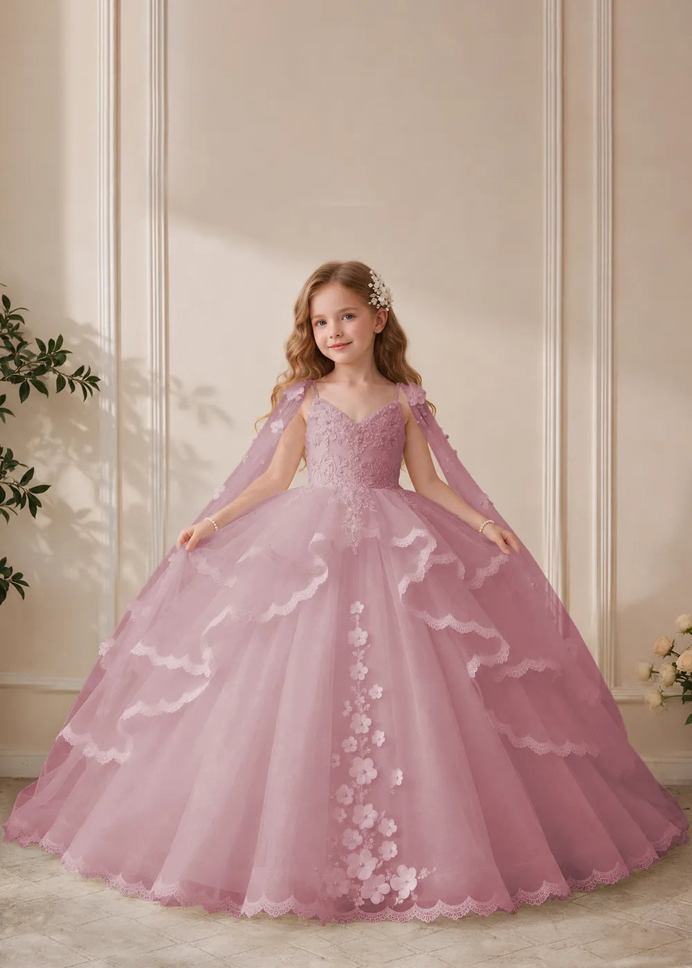 Dusty Rose Flower Girl Dress with Floral Lace and Shoulder Drapes