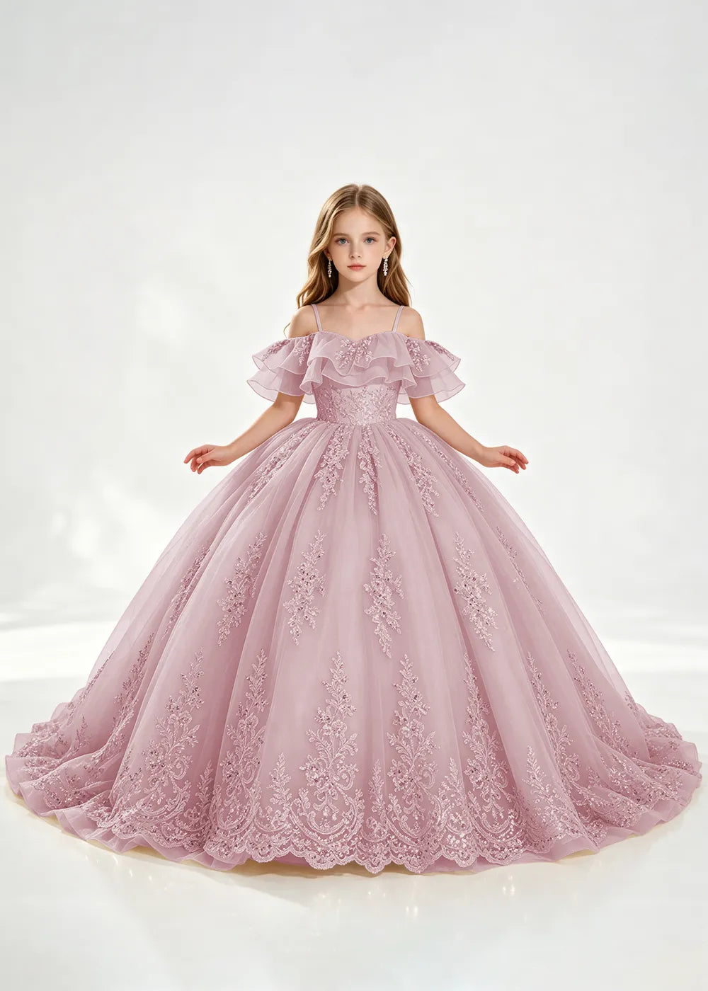 Champagne Off-Shoulder Lace-Hem Flower Girl Dress
