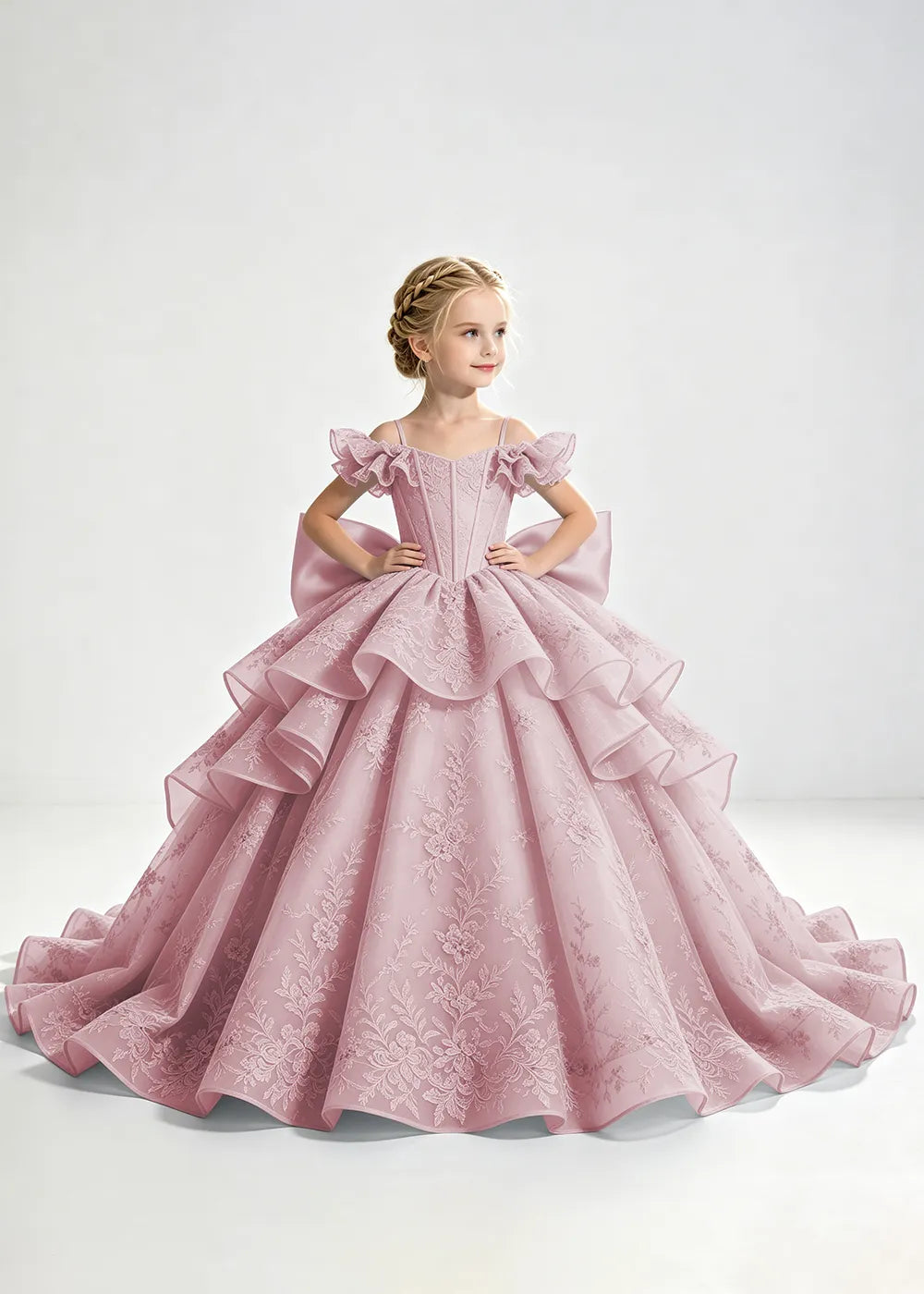 Light Blue Lace-Up Rear-Bow Flower Girl Dress