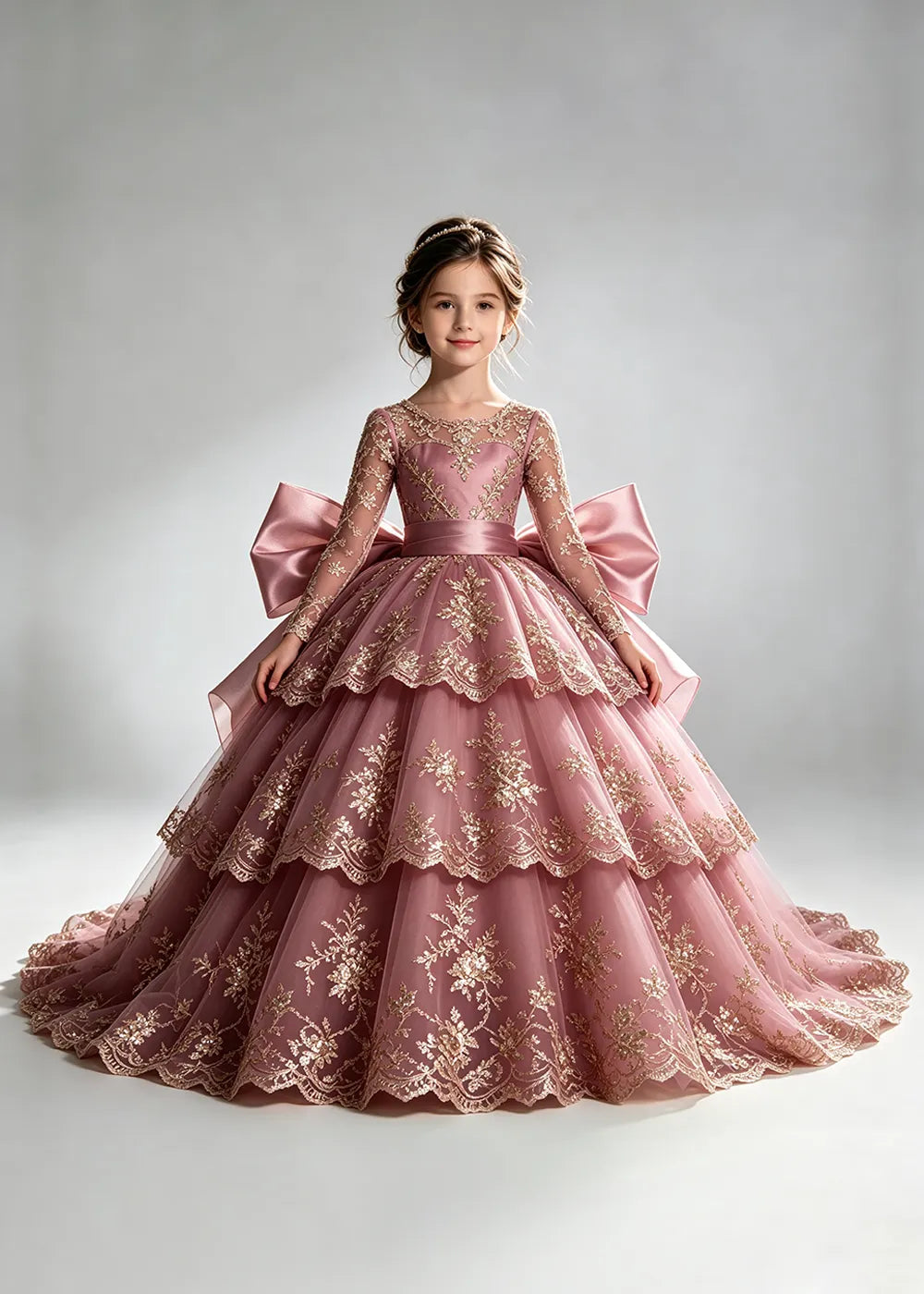 Long Sleeve Lace Flower Girl Dress with Sash Bow and Tiered Skirt