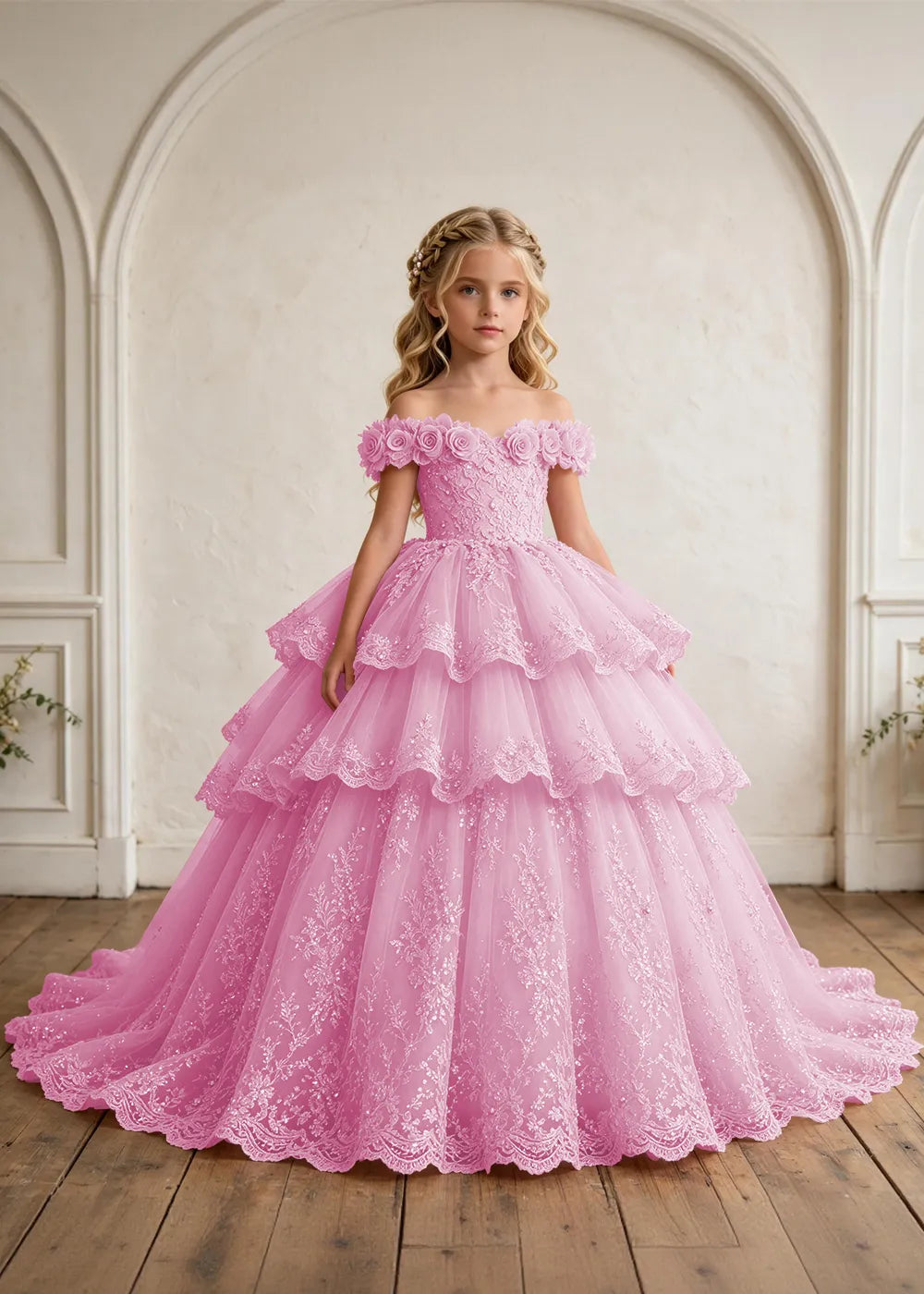 Off Shoulder Tiered Lace Flower Girl Ball Gown Dress