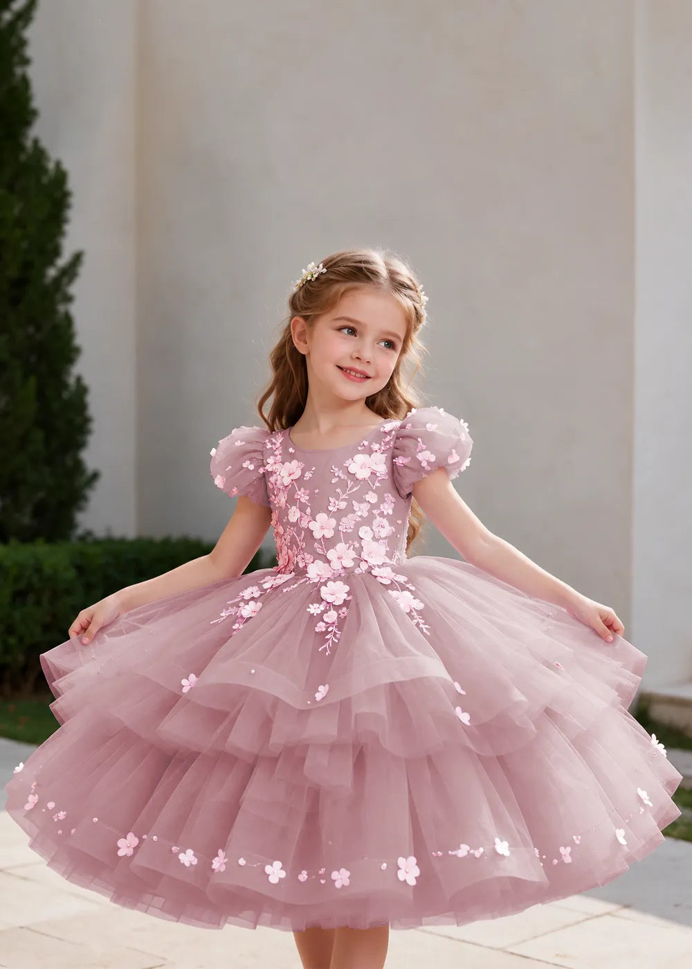 Lilac Puff-Sleeve Flower Girl Dress with Three-Tier Skirt