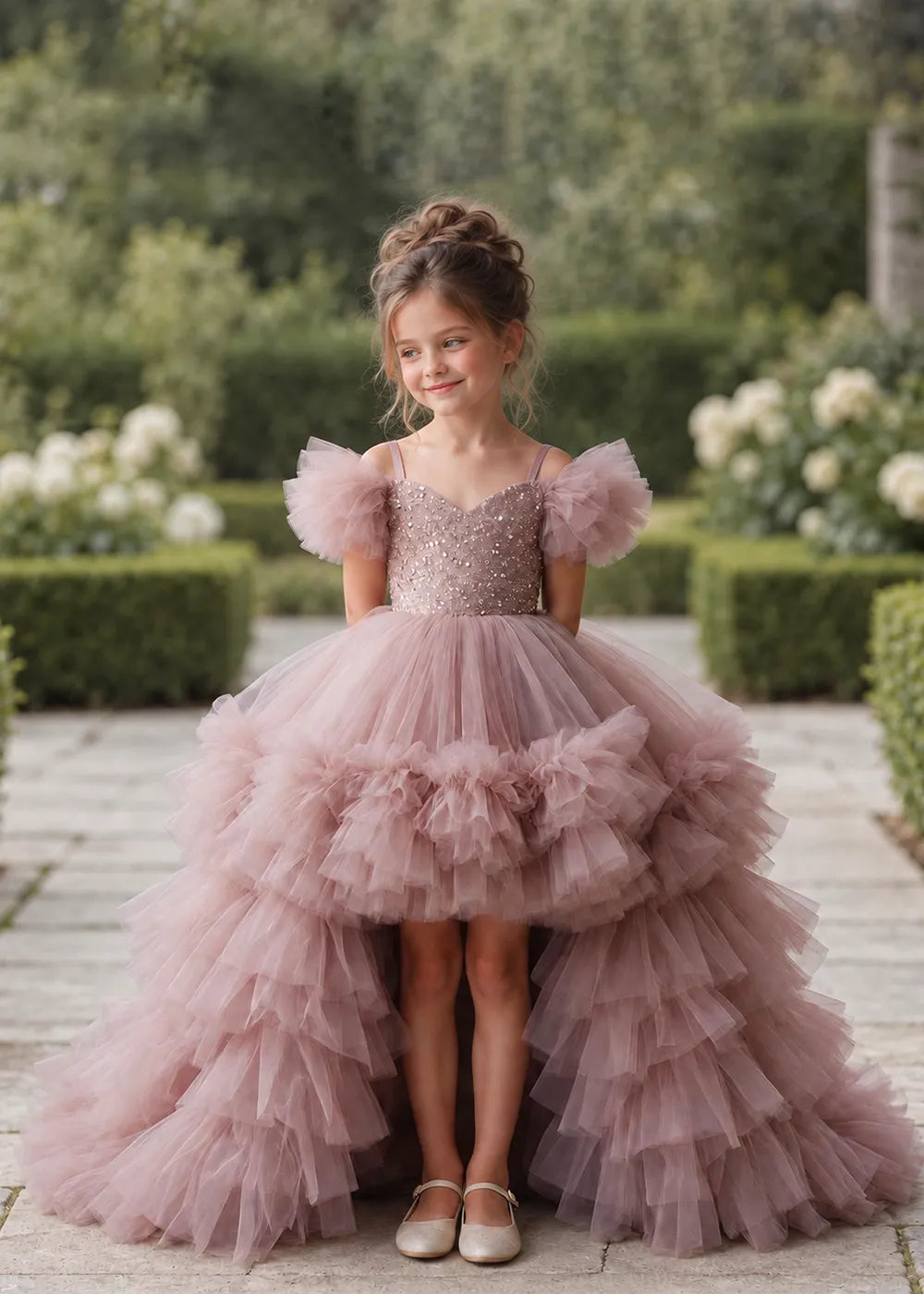 The front view of a child wearing a Dusty Rose flower girl dress with a V-neckline, a sequin-covered bodice and a tiered high-low tulle skirt with off-shoulder sleeve ruffles.