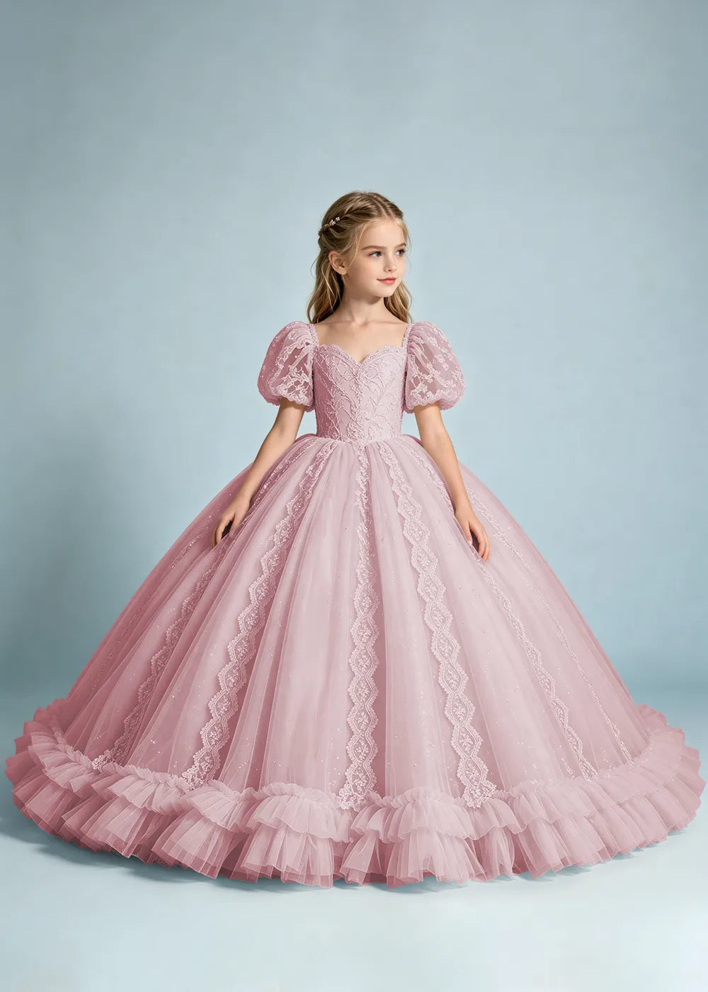 Warm Ivory Flower Girl Gown with Puff Sleeves and Ruffled Hem