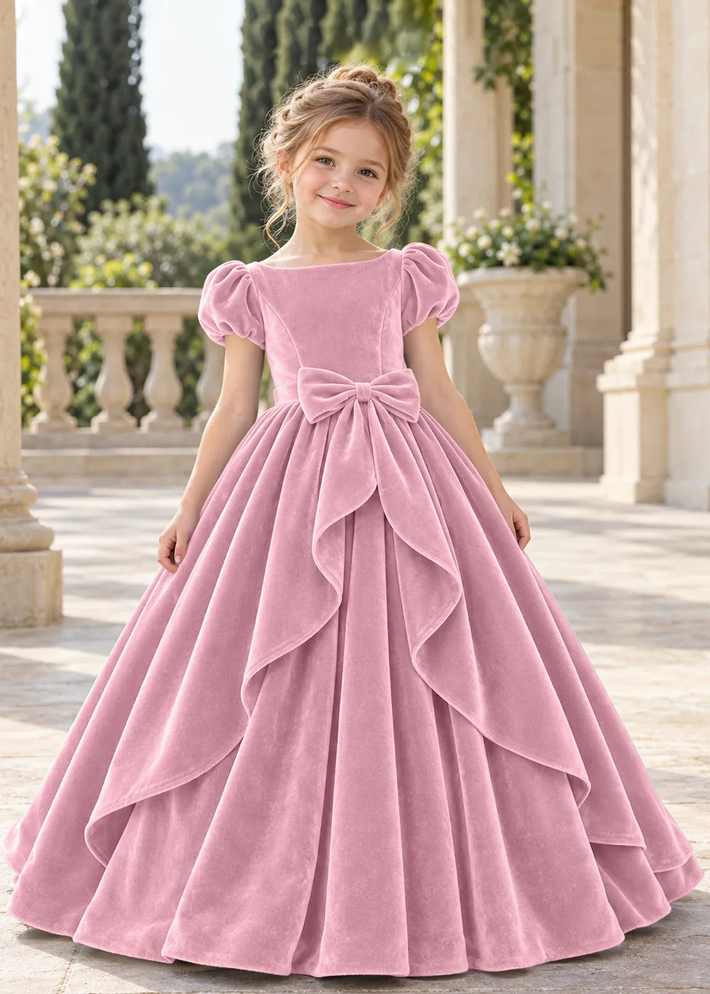 Front view of a child wearing a dusty rose flower girl dress with a square neckline, short puff sleeves and a large velvet bow above a full tiered skirt.