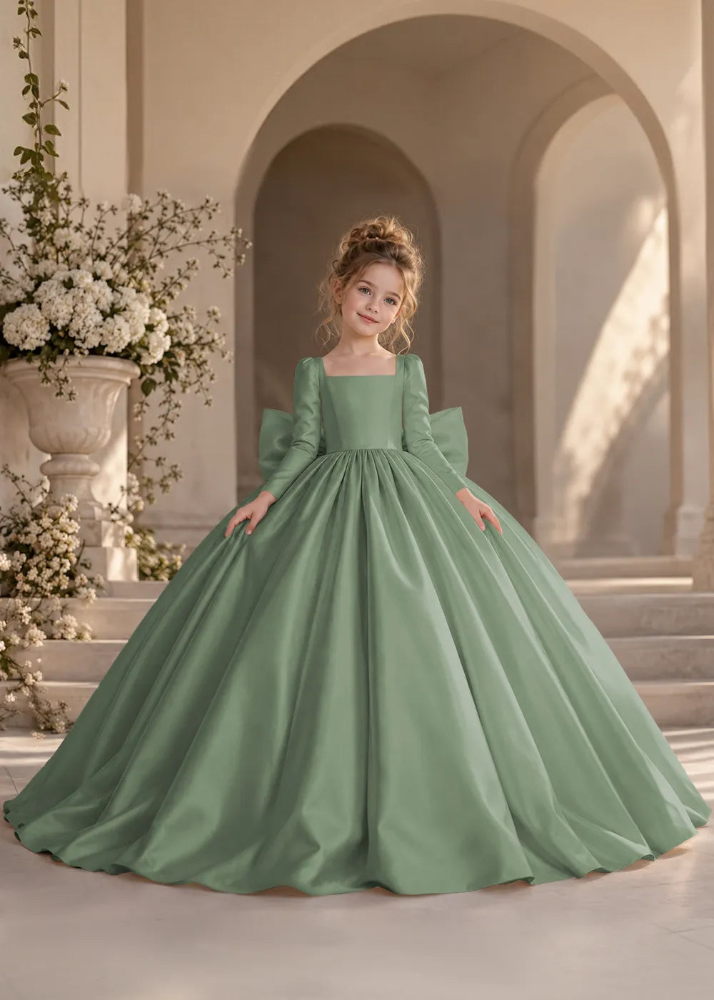 Dusty Blue Long-Sleeve Flower Girl Dress with a Full Skirt and Bow