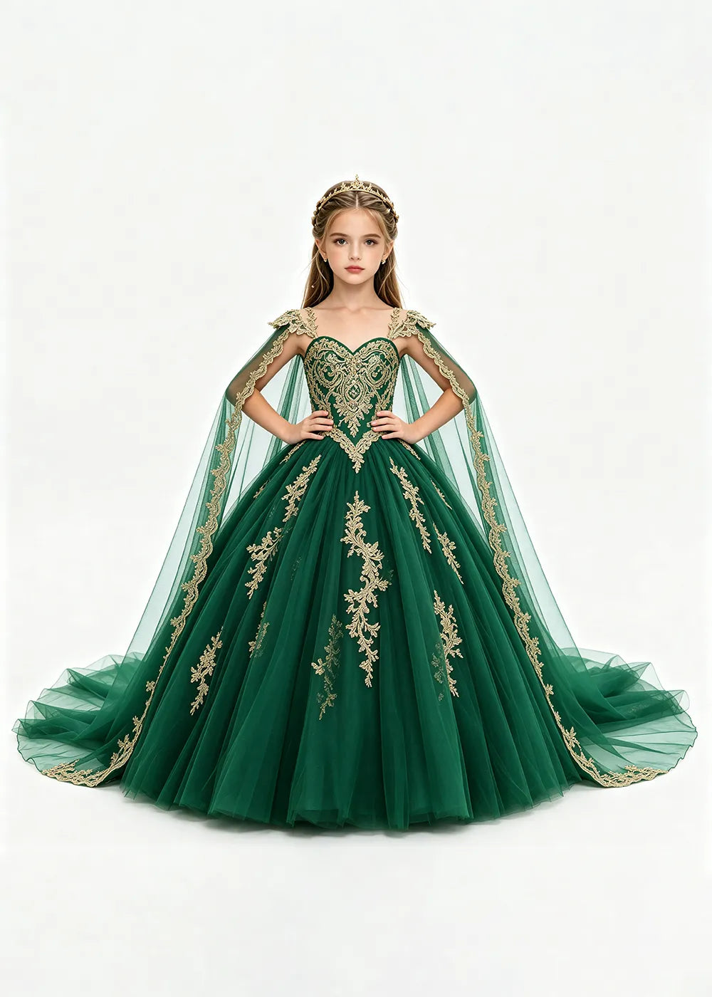 Gold Appliqué Cape Flower Girl Ball Gown Dress