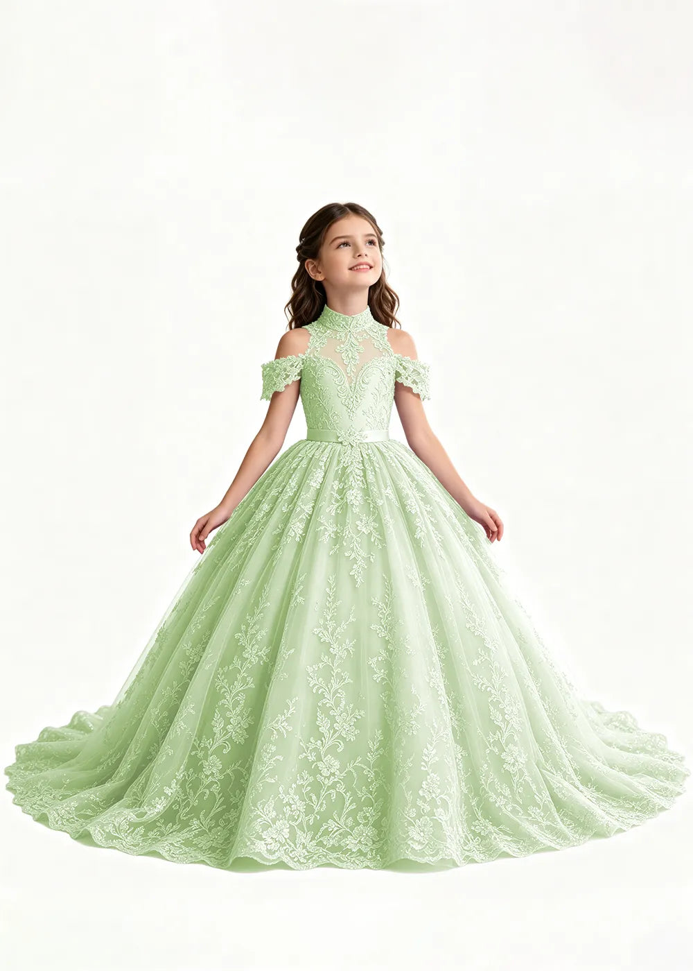 Lavender Flower Girl Gown with Floral Neckline and Train