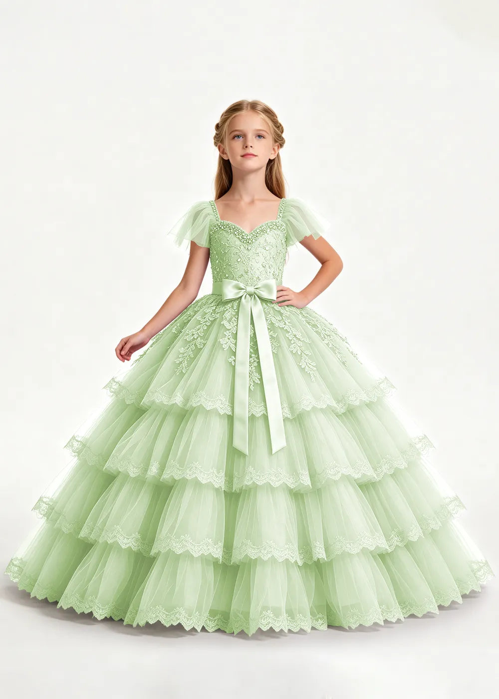 Pale Lavender Four-Tier Flower Girl Gown with Front Bow