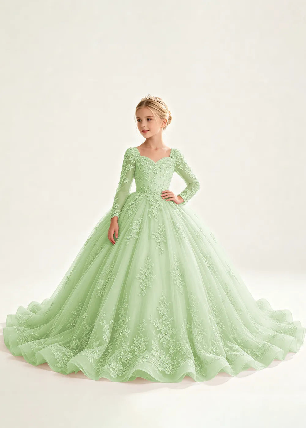 Flower Girl Dress with Long Lace Sleeves and Train