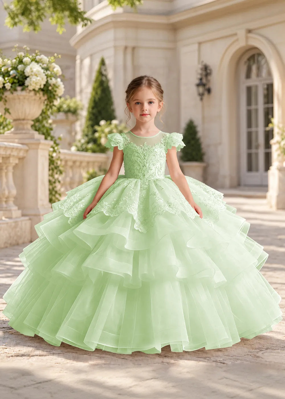 White Flower Girl Ball Gown with Scalloped Lace and Tiered Ruffles