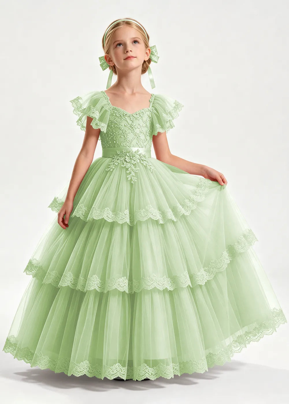 Warm Blush Pink Flower Girl Ball Gown with Three Lace-Edged Tiers