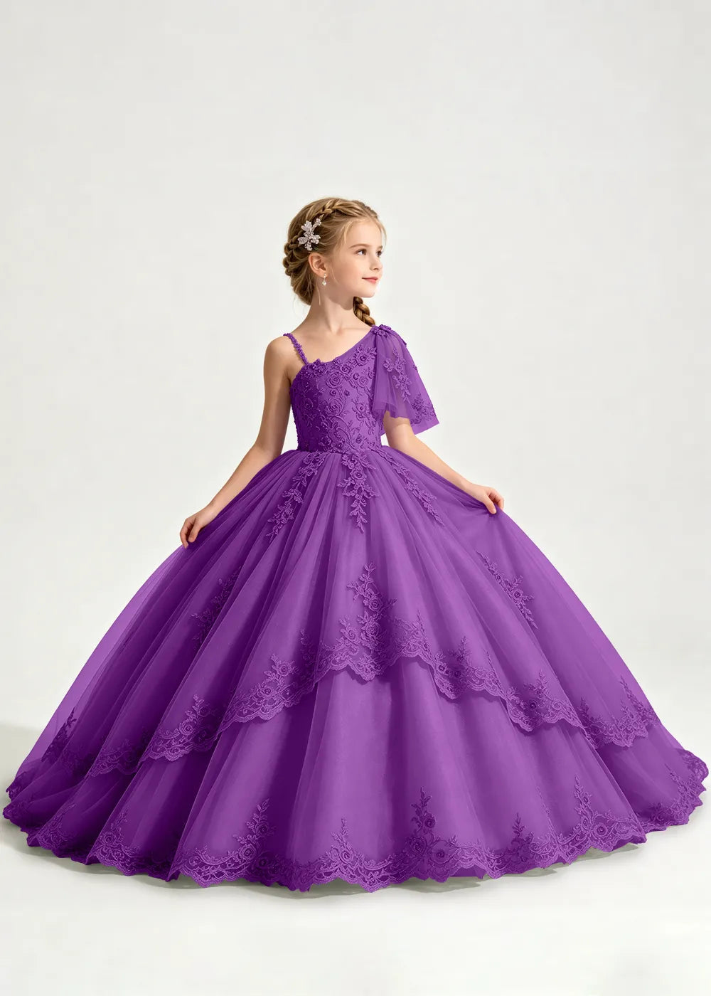 One-Shoulder Floral Lace Flower Girl Ball Gown Dress