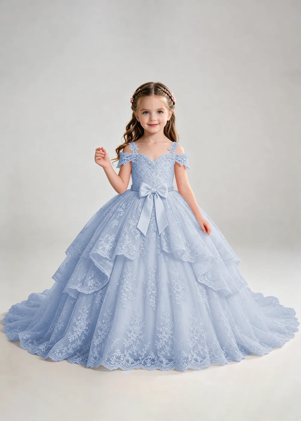 Bow Waist Floral Lace Princess Dress for Girls
