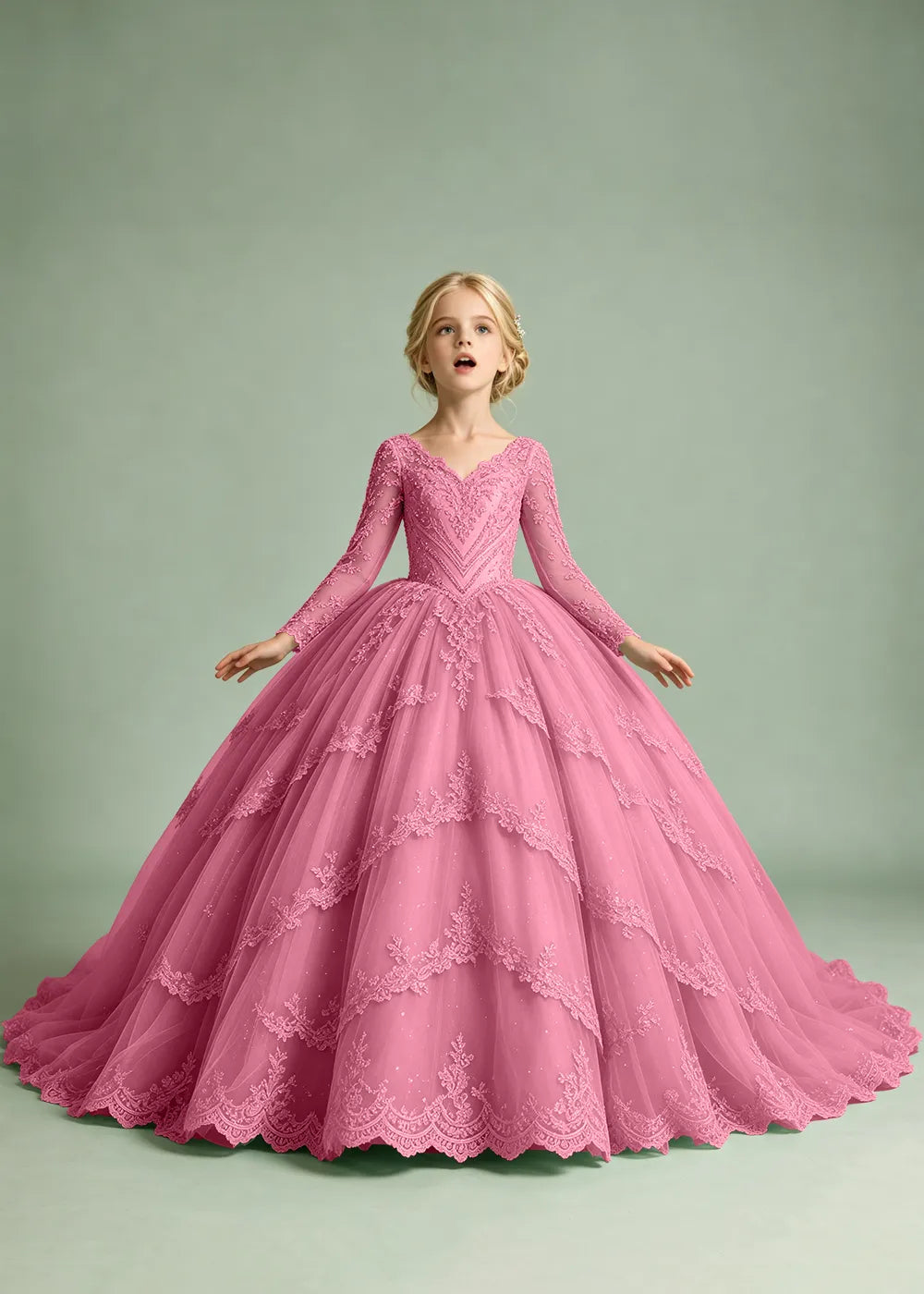 Long Sleeve Floral Lace Princess Dress for Girls