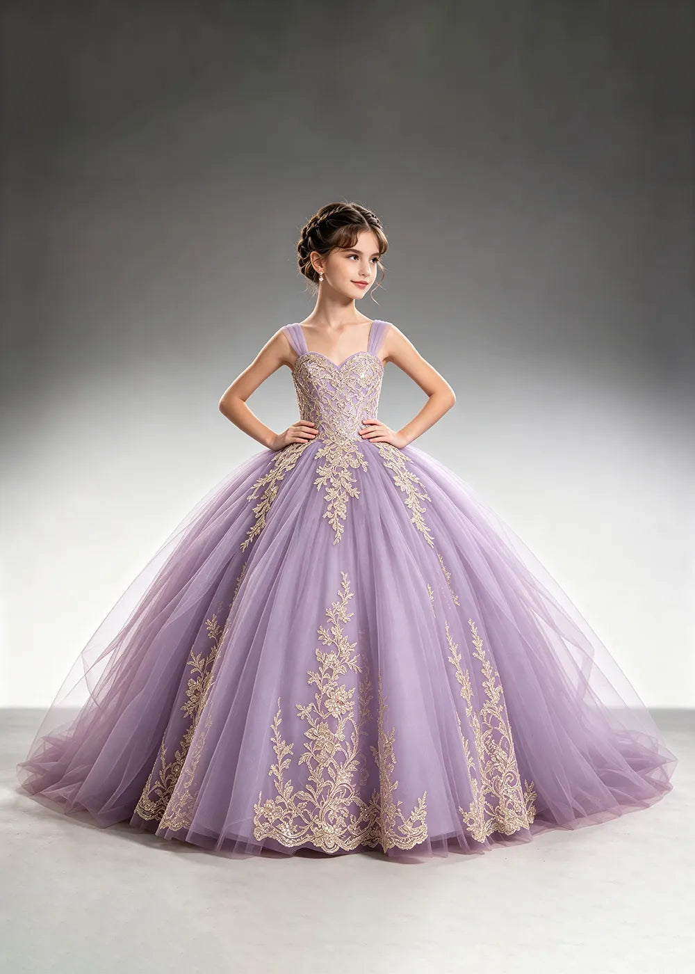 Metallic Appliqué Flower Girl Ball Gown Dress