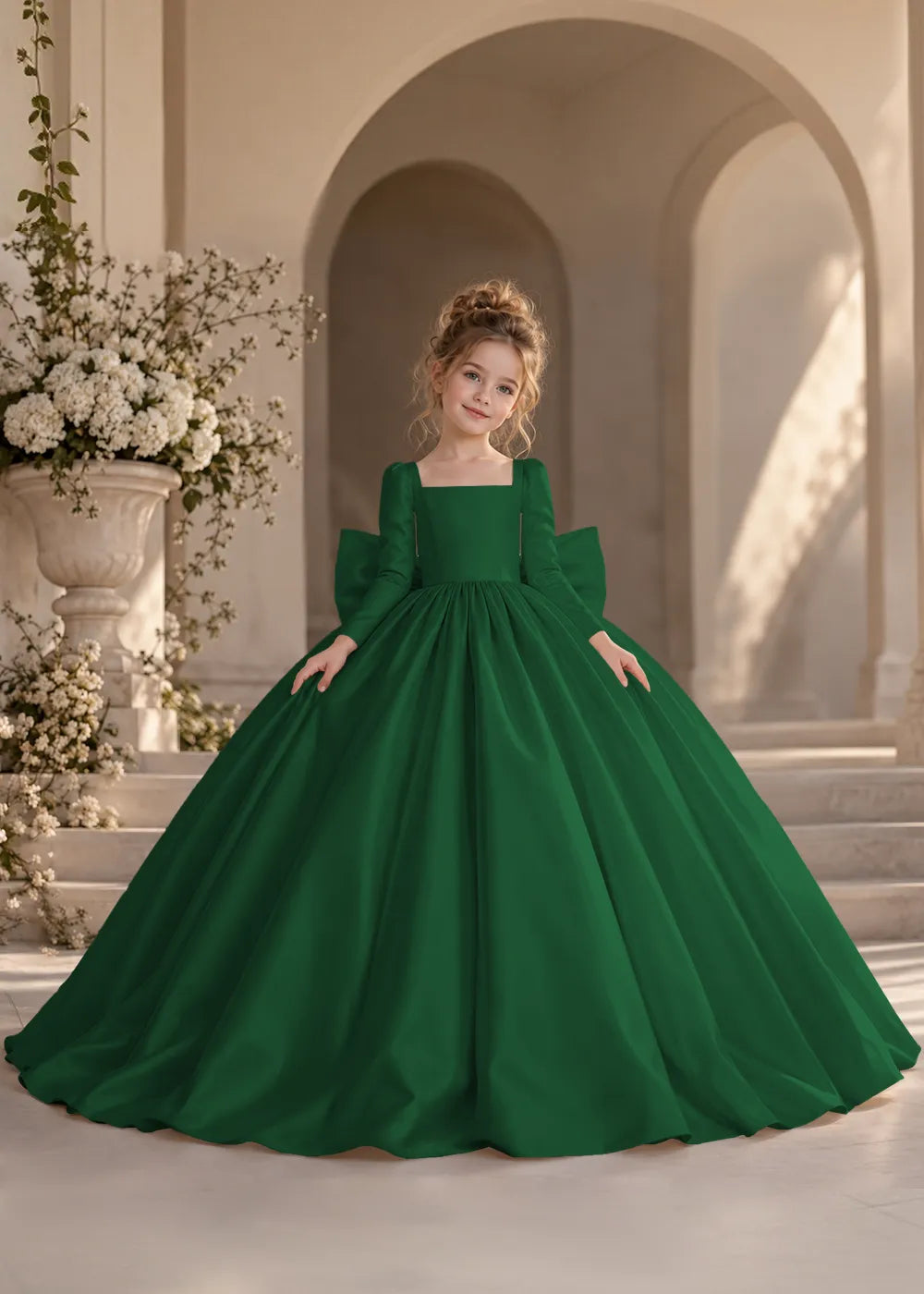 Ivory Long-Sleeve Flower Girl Dress with a Square Neckline and Bow