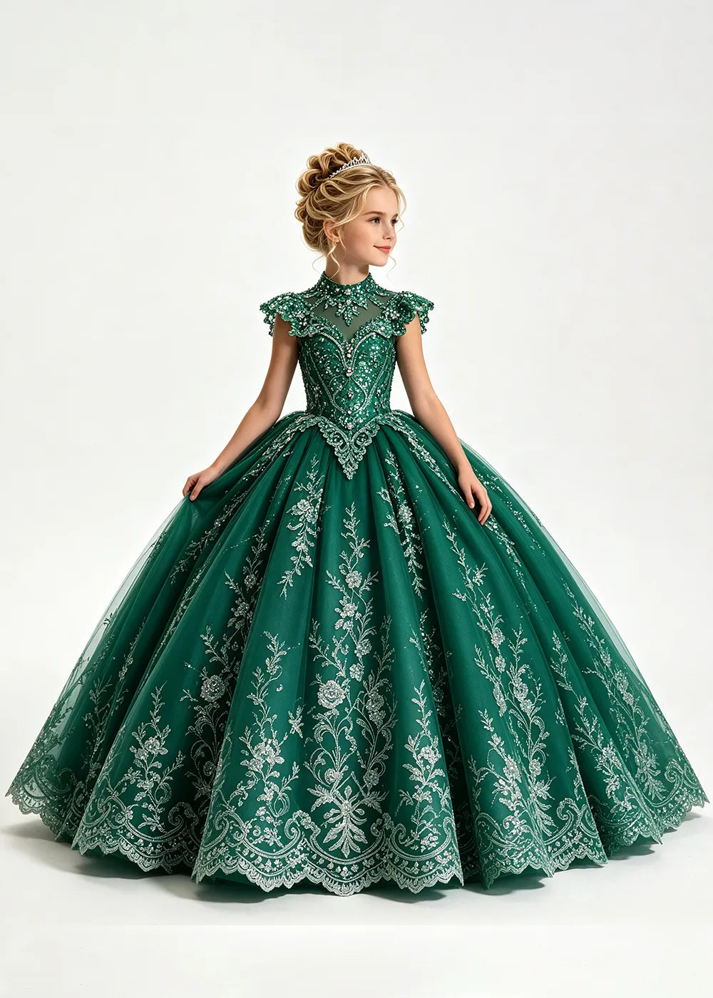 Navy Flower Girl Ball Gown with High Floral Collar