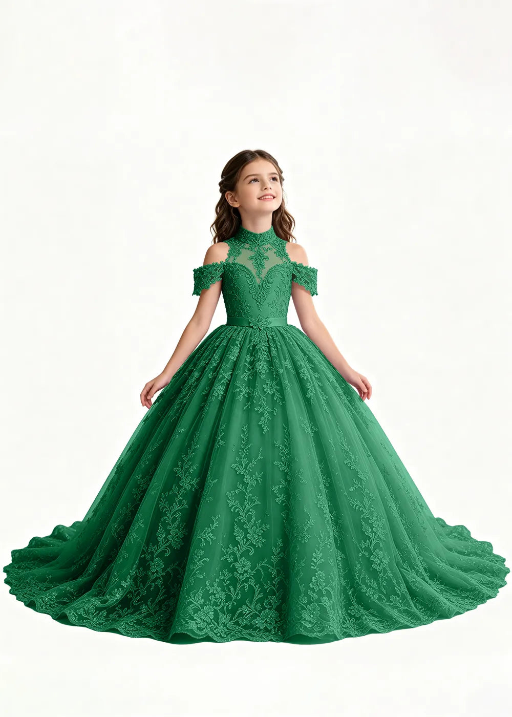 Navy Floral Flower Girl Gown with Open Shoulders