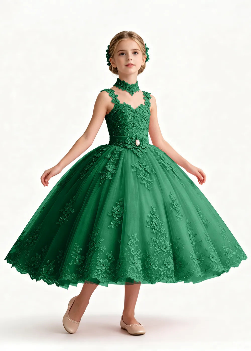 Navy Tea-Length Flower Girl Gown with Floral Neck Band