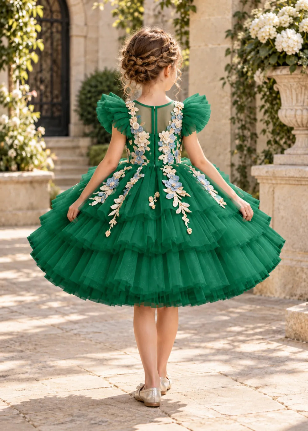 Flower girl dress in Emerald Green, back view.