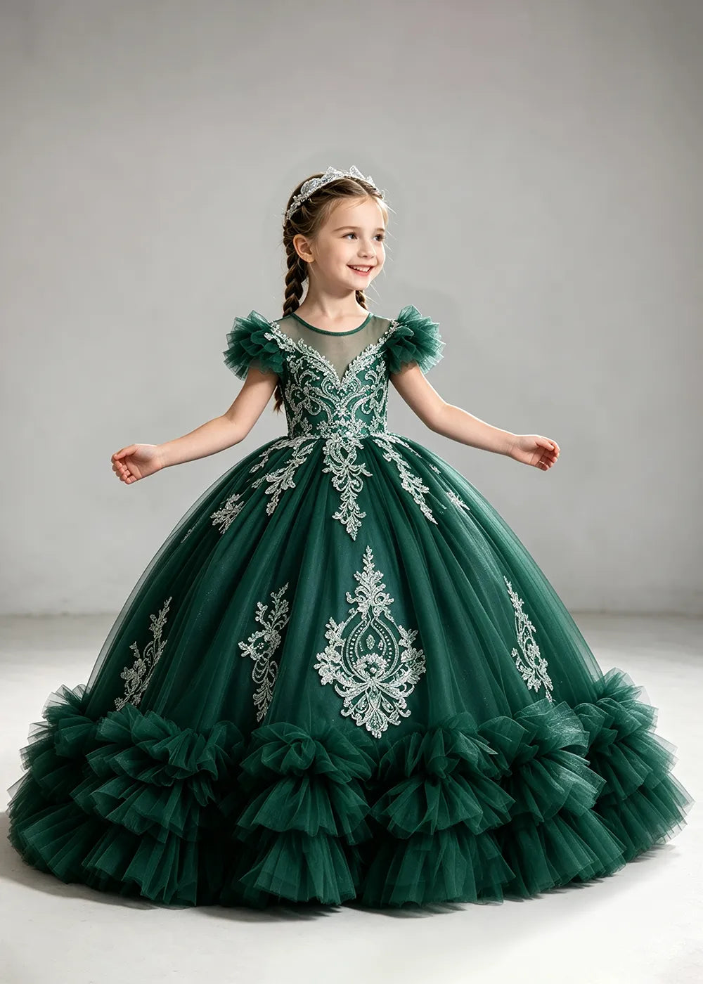 Navy Flower Girl Ball Gown with White Floral Appliqués