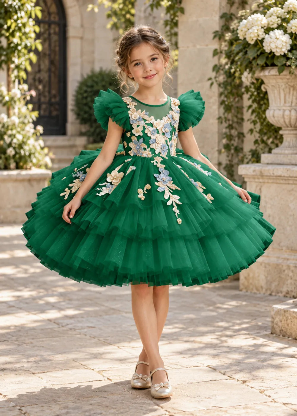 Flower girl dress in Emerald Green, front view.