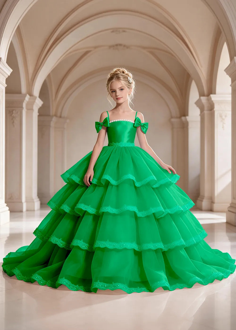 Navy Blue Four-Tier Bow-Shoulder Flower Girl Dress