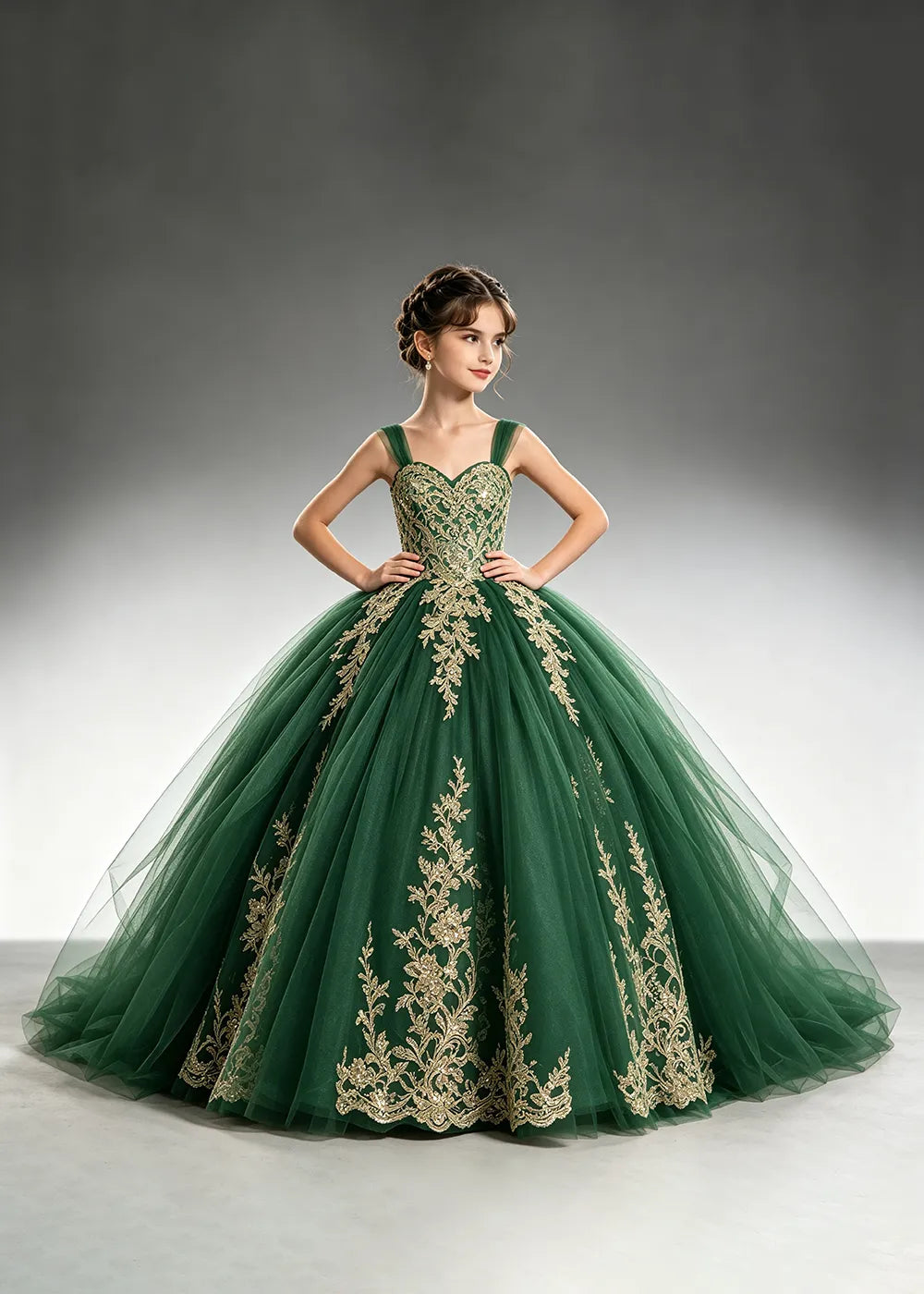 Metallic Appliqué Flower Girl Ball Gown Dress