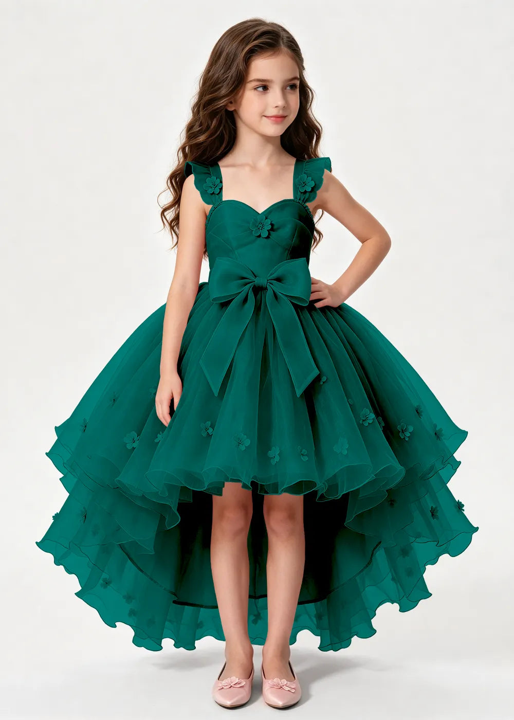 Navy High-Low Flower Girl Gown with Large Front Bow