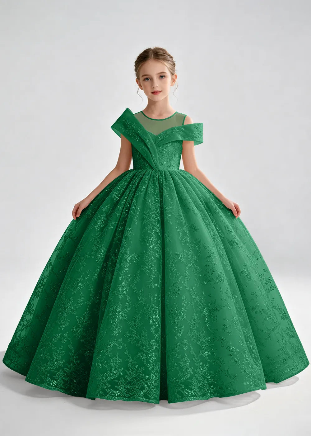 Navy Blue Illusion-Band Floral Flower Girl Dress