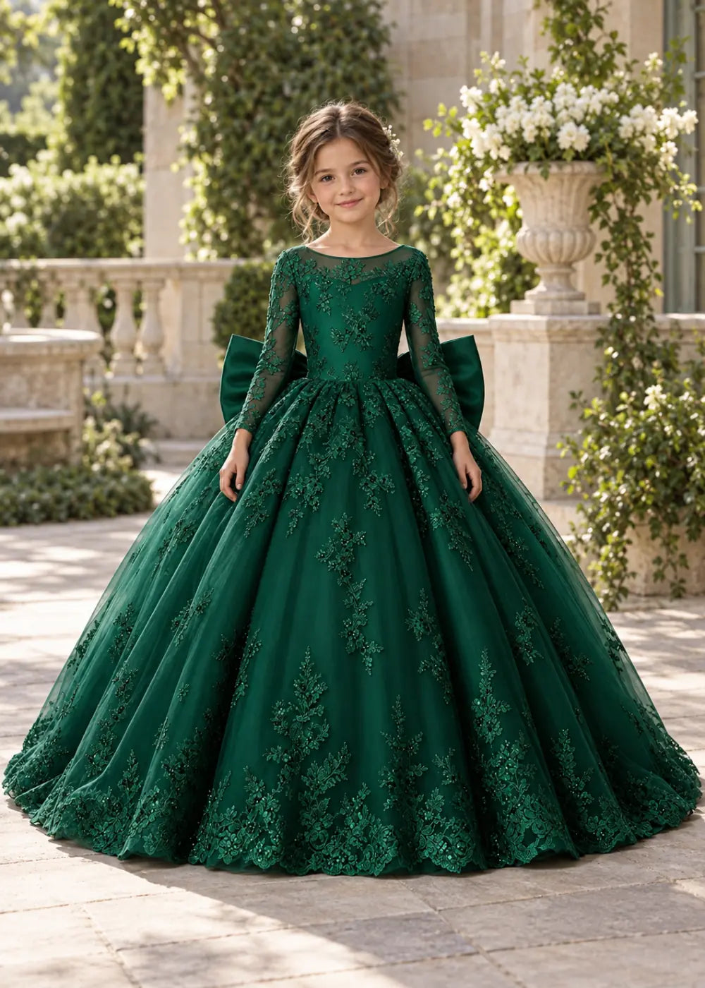 Flower girl dress in Emerald Green, front view.