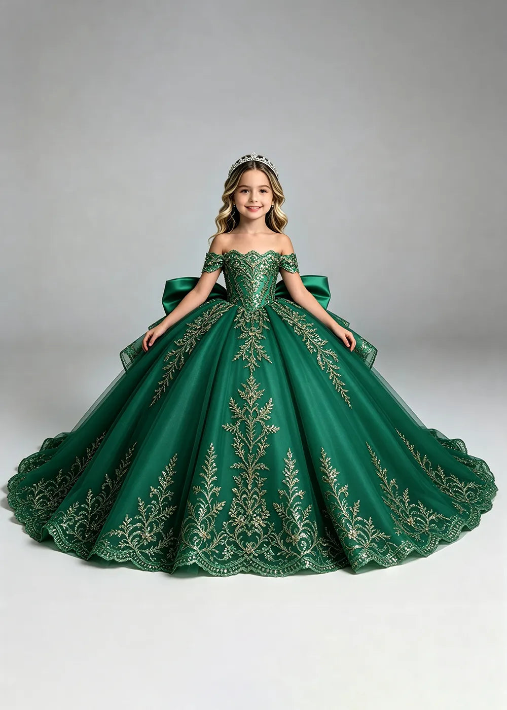 Off-Shoulder Lace Flower Girl Dress with Bow and Scalloped Hem