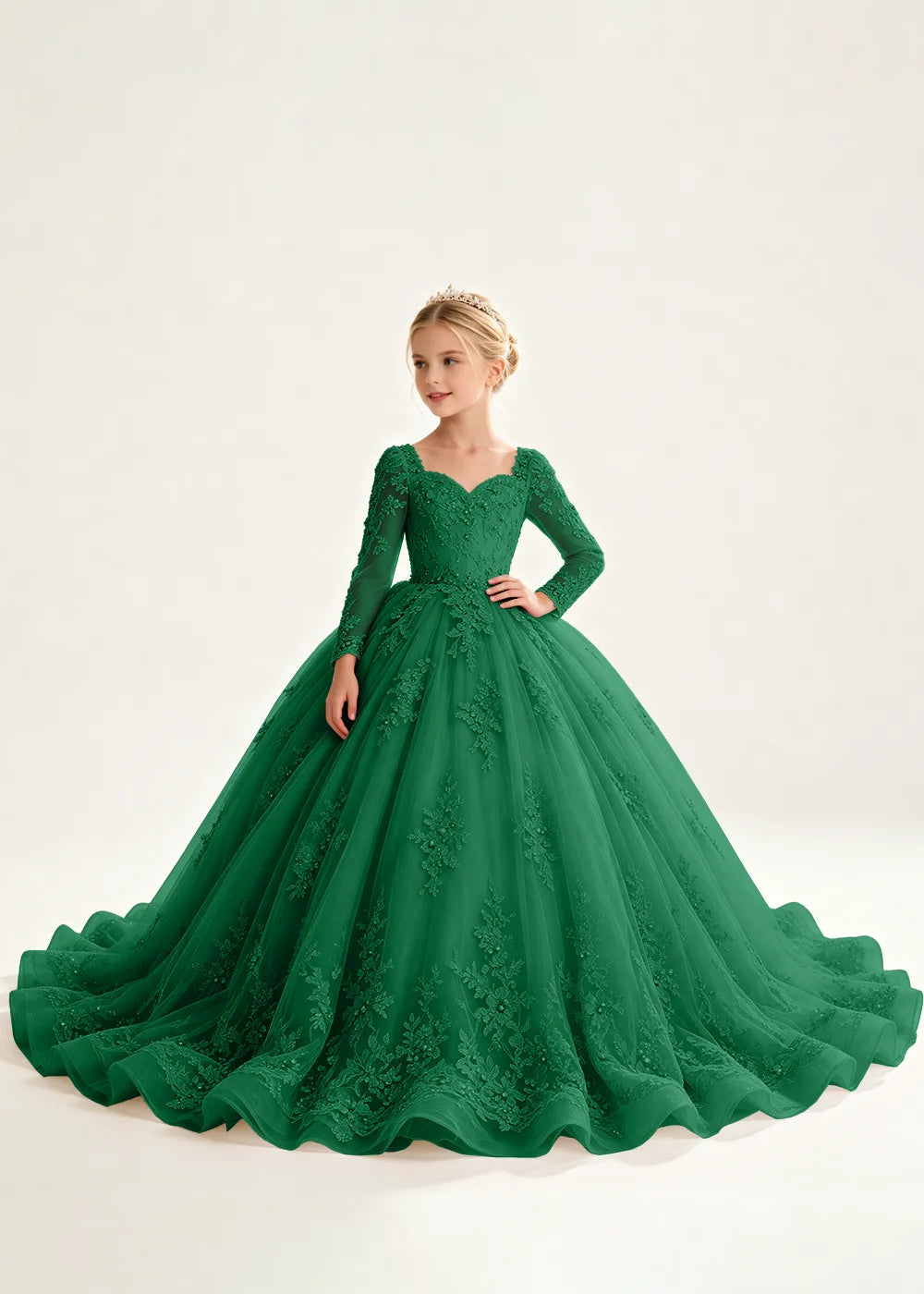 Navy Floral Flower Girl Gown with Long Sleeves