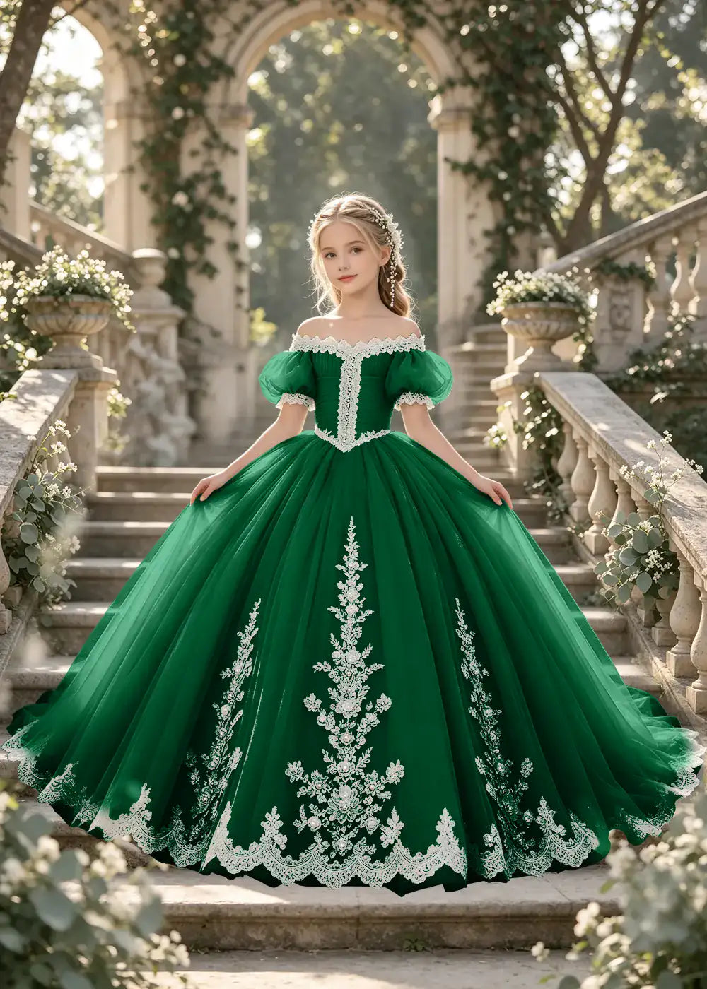Flower girl dress in Emerald Green, front view.