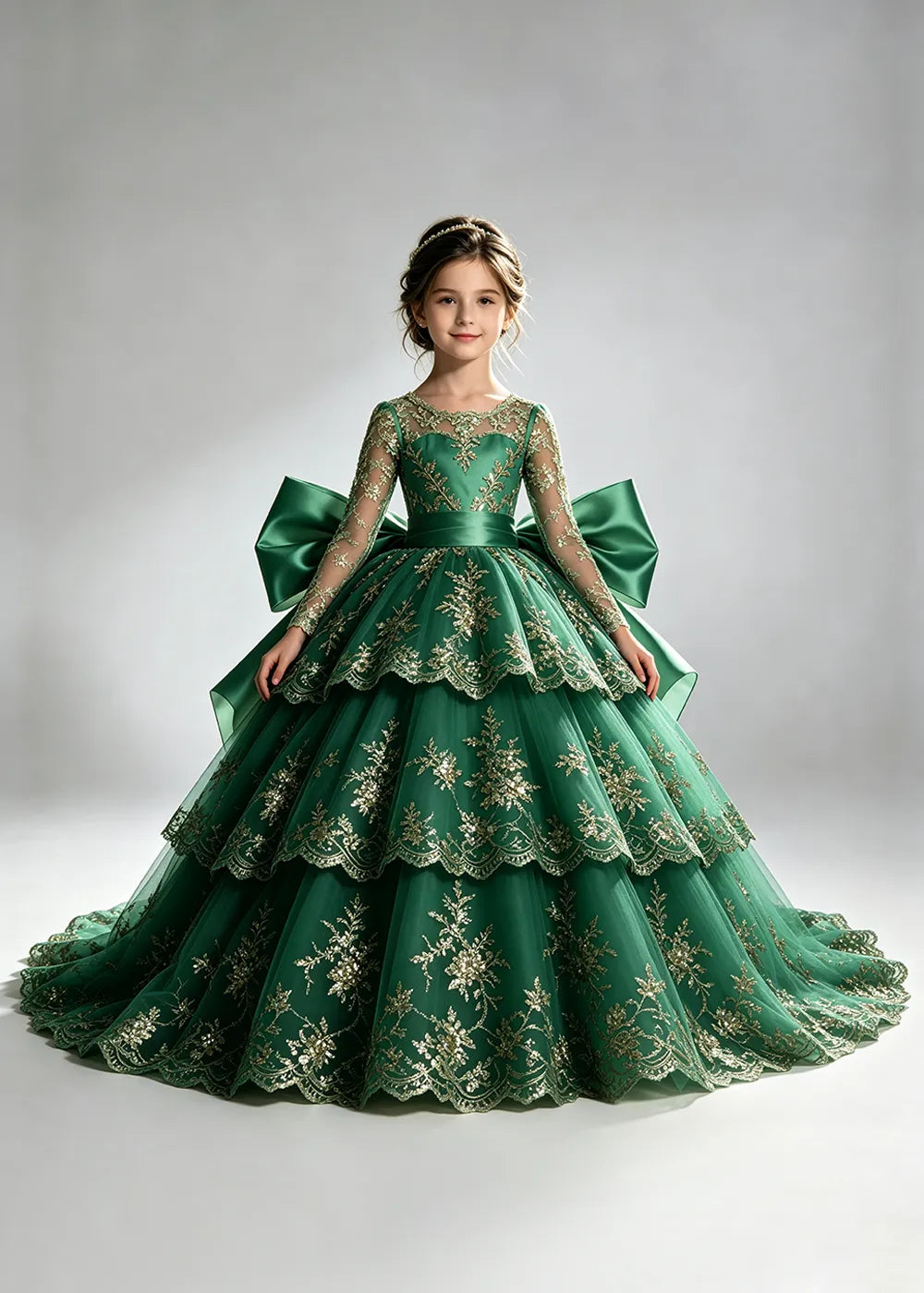 Long Sleeve Lace Flower Girl Dress with Sash Bow and Tiered Skirt