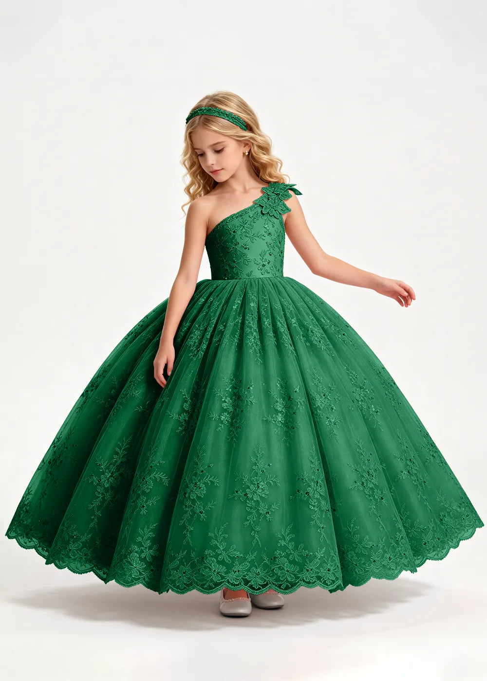 Navy One-Shoulder Flower Girl Gown with Scalloped Lace