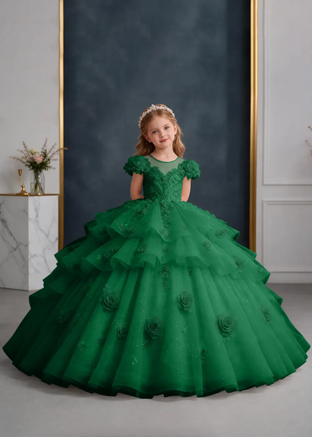 Navy Blue Flower Girl Gown with Floral Cap Sleeves and Rose Ruffles